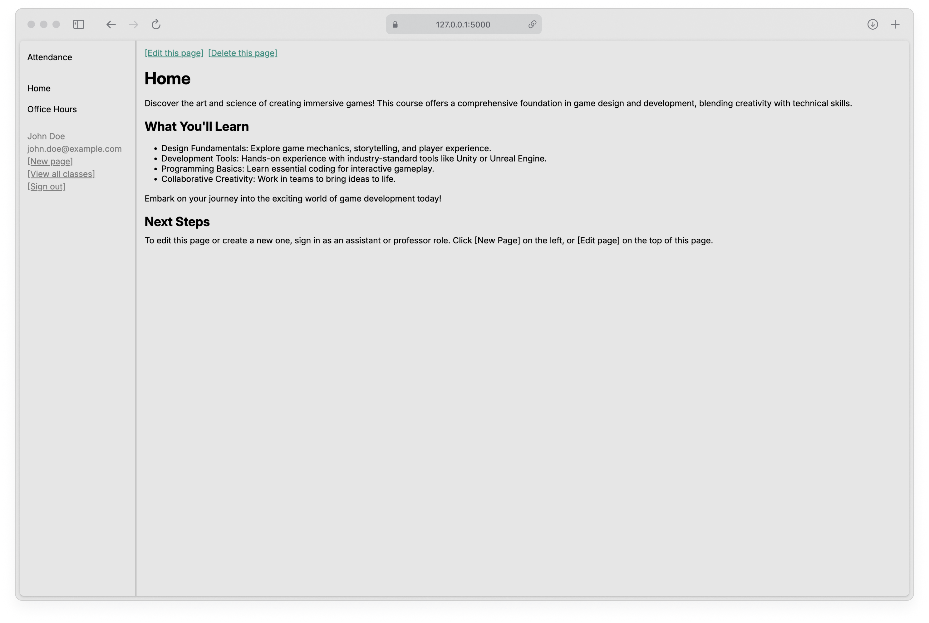 Screenshot of Sourcebook, a lightweight CMS for class websites.